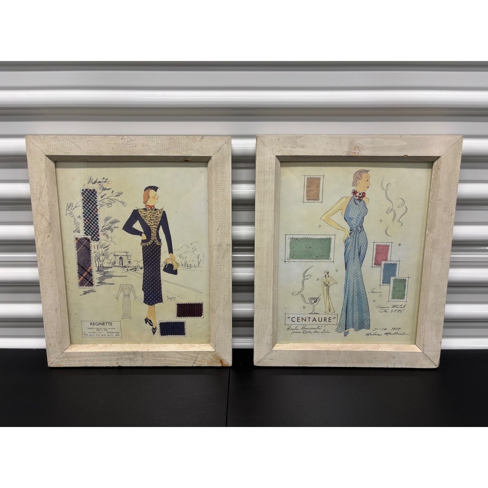 Anthropologie Framed Vintage Style Fashion Illustration Prints Set of 2 French